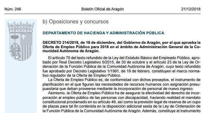 Oferta empleo público 2018 de la Comunidad de Aragón